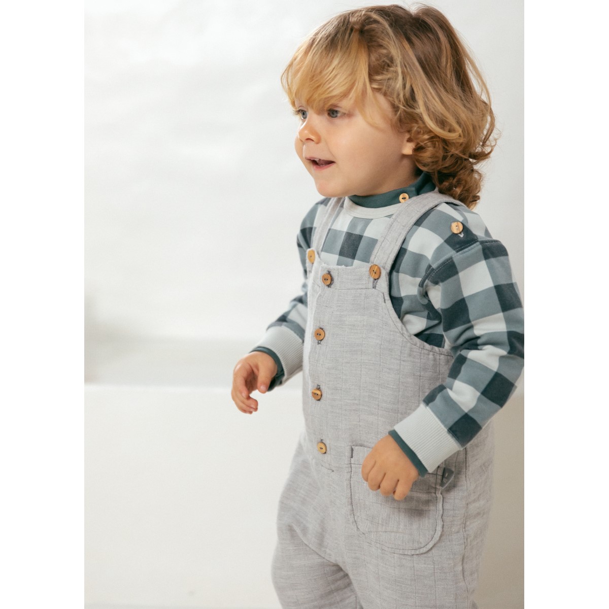 Triple Gauze Dungarees & Plaid Sweatshirt | Grey/Blue