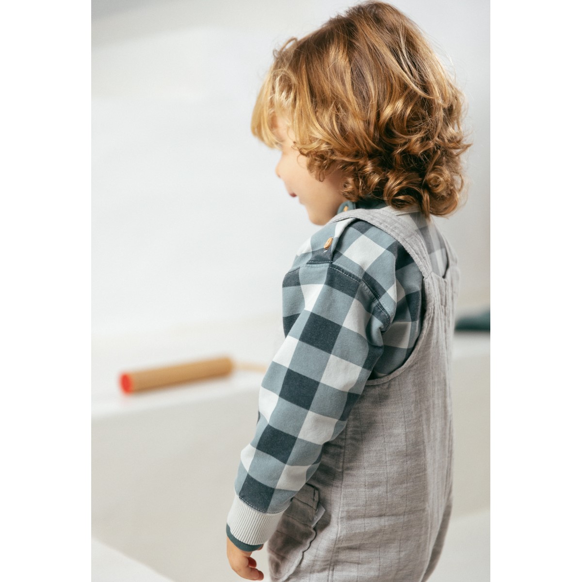 Triple Gauze Dungarees & Plaid Sweatshirt | Grey/Blue