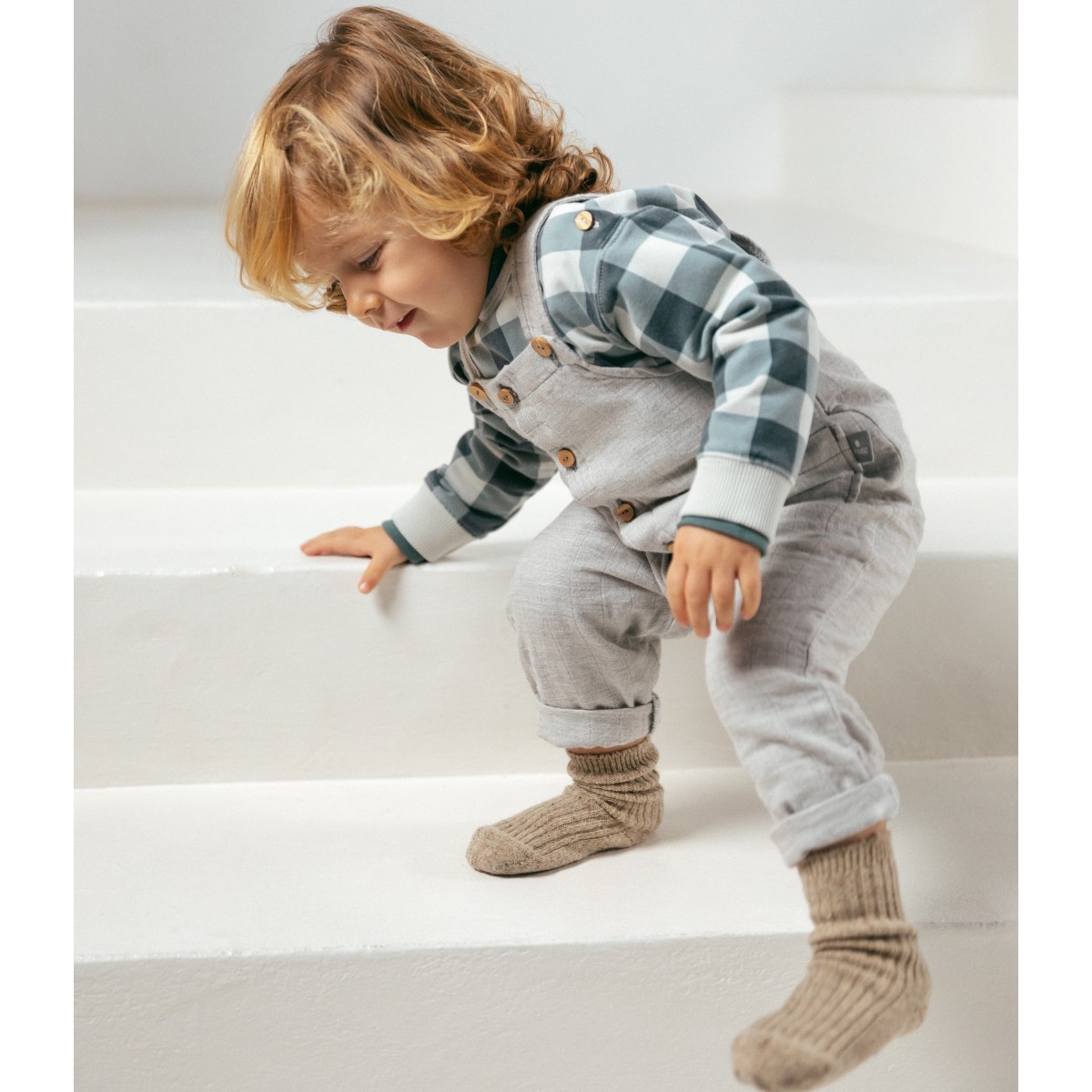 Triple Gauze Dungarees & Plaid Sweatshirt | Grey/Blue