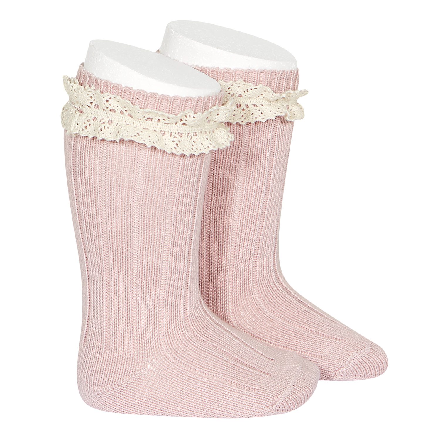 Rib Knee High Socks W/ Vintage Lace | Pale Pink