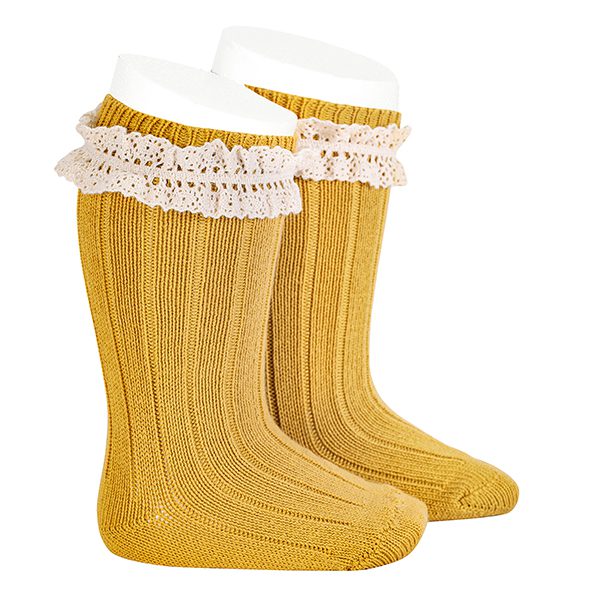 Rib Knee High Socks W/ Vintage Lace | Mustard