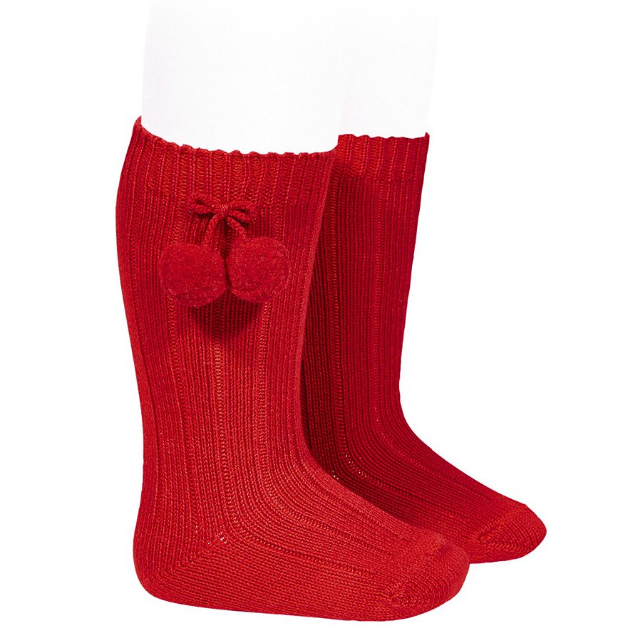 Rib Knee High Socks W/ Pom Poms | Red (550)