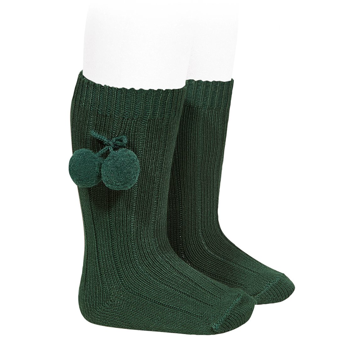 Rib Knee High Socks W/ Pom Poms | Bottle Green (780)