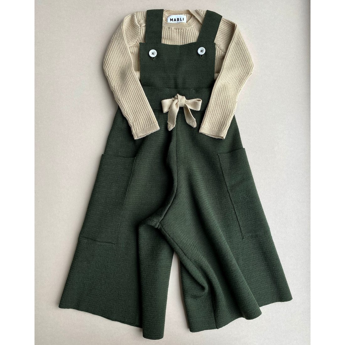 Sylfaen Skinny Rib Juniper Vintage Cream & Dyffryn Dungarees Juniper