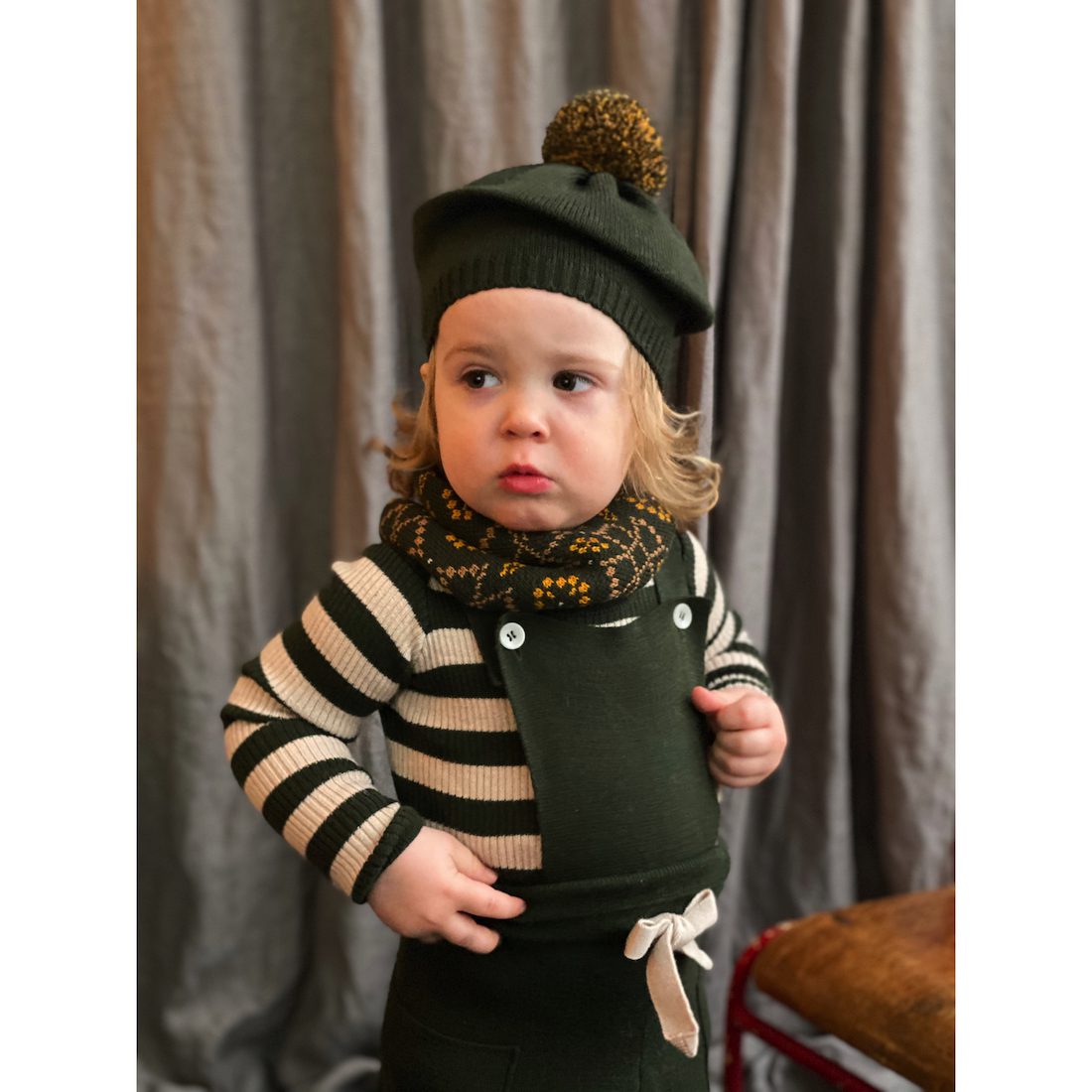 Sylfaen Skinny Rib Juniper Vintage Cream & Dyffryn Dungarees Juniper