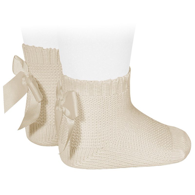 Garter Stitch Short Socks W/ Bow | Linen (304)