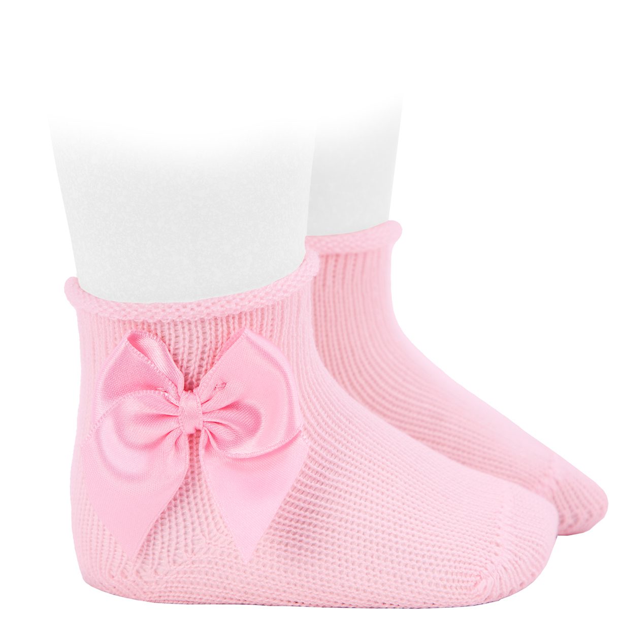 Perle Baby Booties W/ Satin Bow & Rolled Cuff | Pink (500)