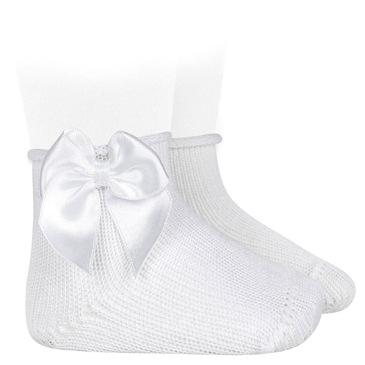 Perle Baby Booties W/ Satin Bow & Rolled Cuff | White (200)