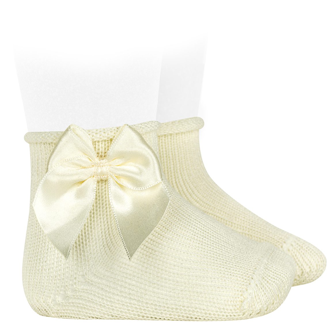 Perle Baby Booties W/ Satin Bow & Rolled Cuff | Beige (303)