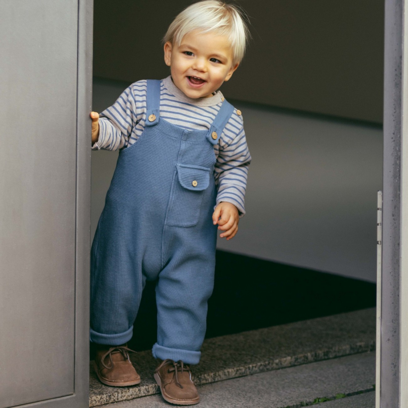 Stripe Long Sleeve & Dungarees Waffle English Blue