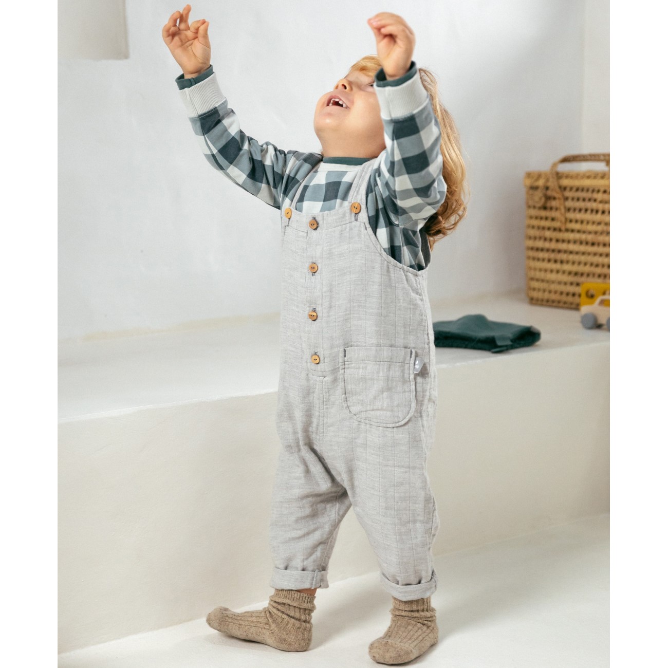 Triple Gauze Dungarees & Plaid Sweatshirt | Grey/Blue