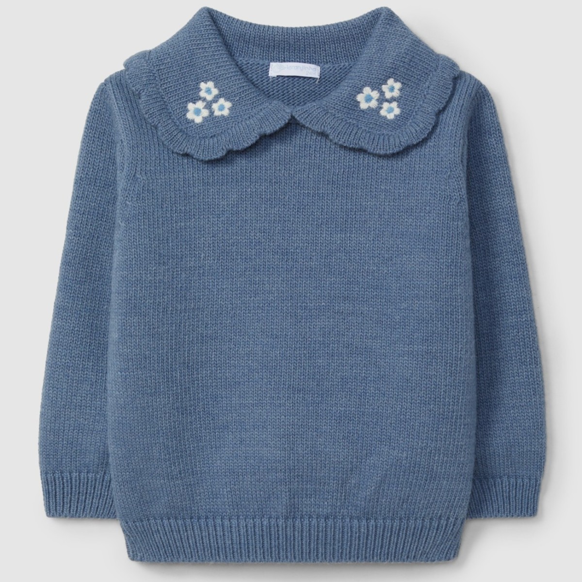 Knitted Jumper Embroidered Flower Collar Indigo