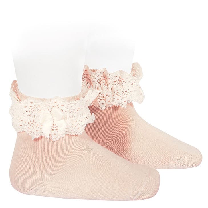2484/4 Lace Trim Short Socks W/ Bow | Nude 674