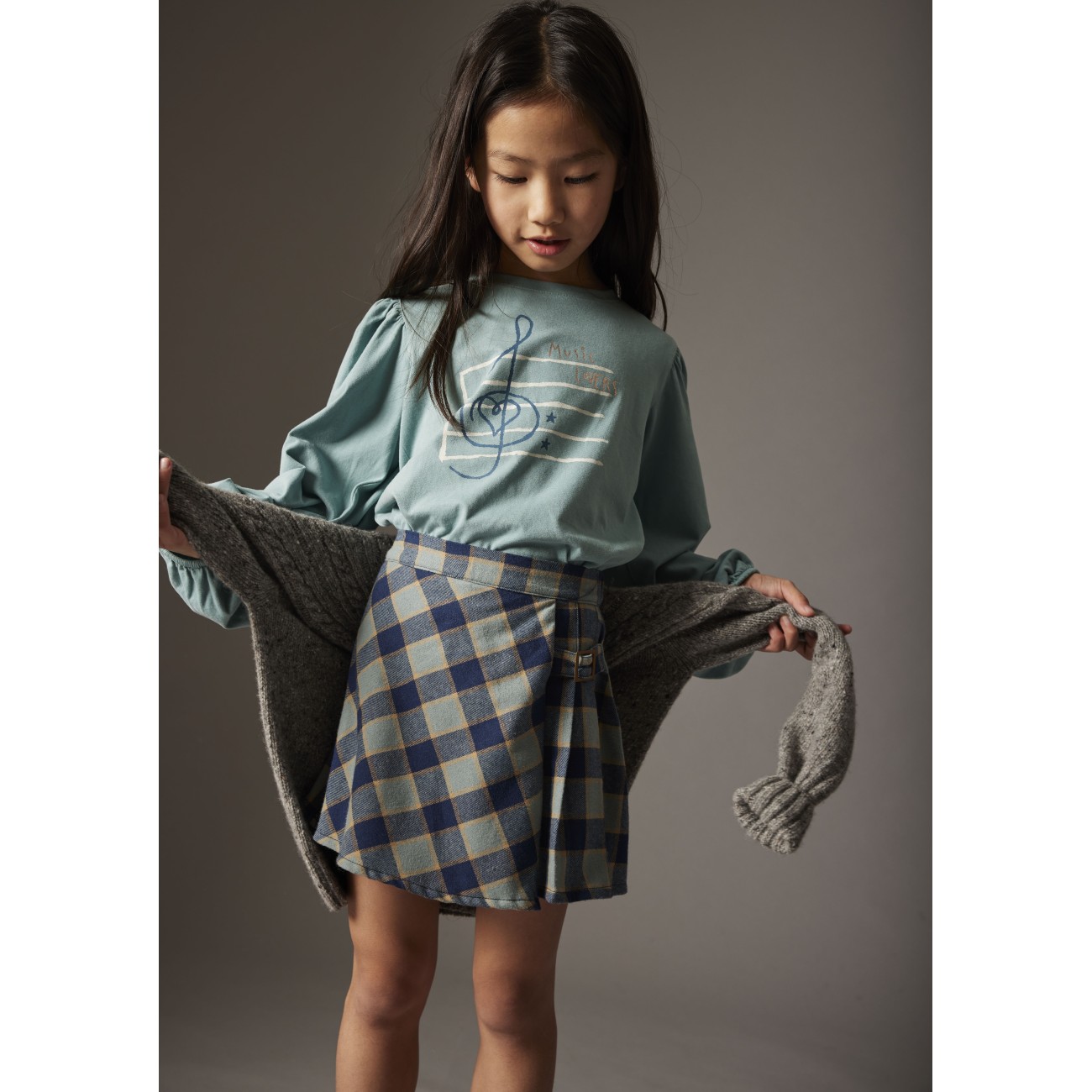 Puffed Long Sleeve Top & Check Flannel Skirt Arctic Blue
