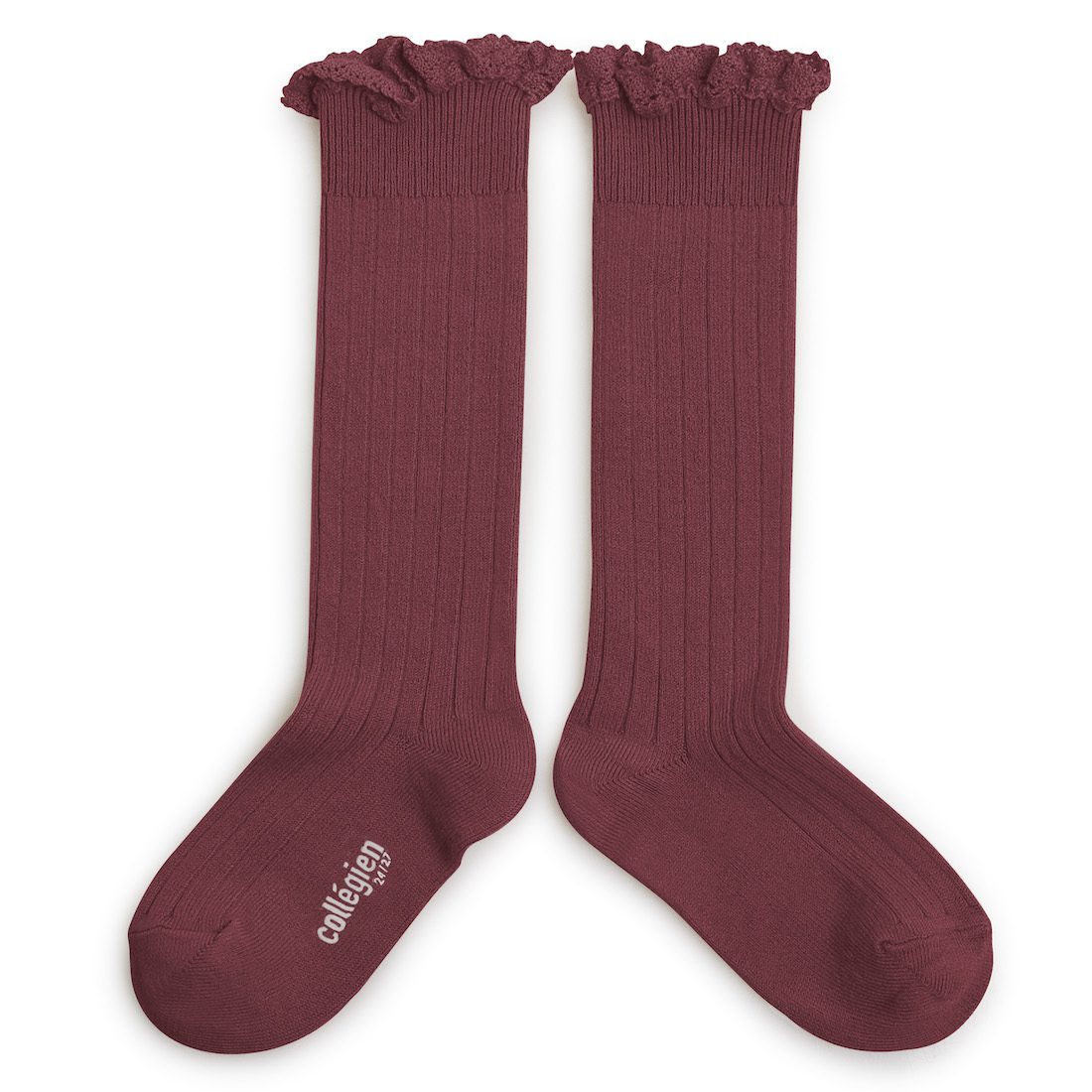 Josephine Lace-Trim Ribbed Knee-high Socks Framboise