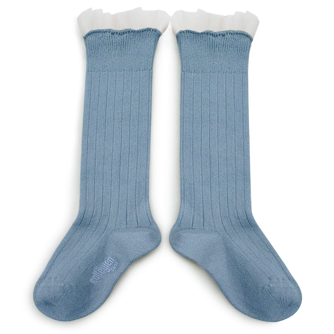 Manon Tulle Frill Ribbed Knee-high Socks Bleu Azur