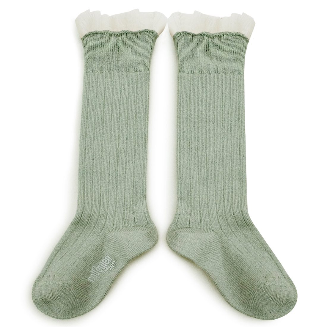 Manon  Tulle Frill Ribbed Knee-high Socks Aigue Marine