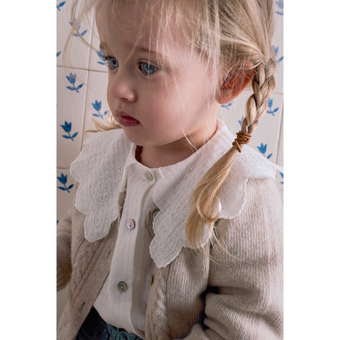 Textured Fabric Blouse W/ English Embroidery Collar