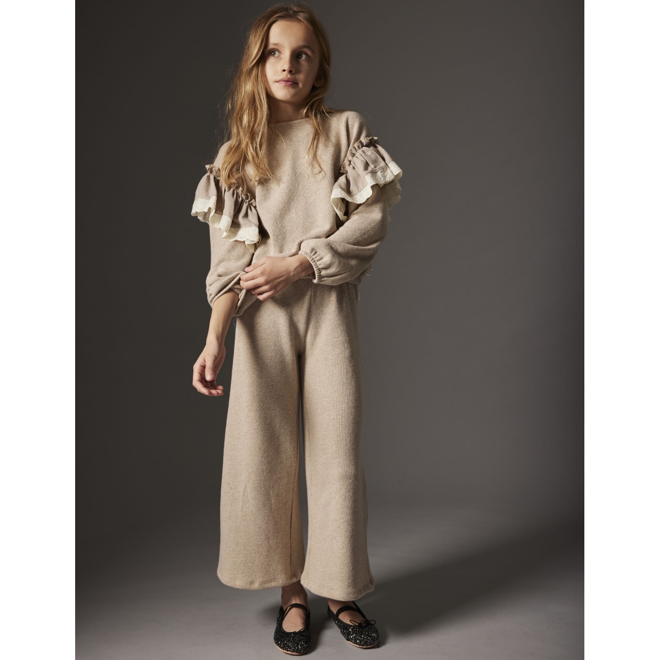 Soft Brushed Knit Sweater & Wide Pants Stone