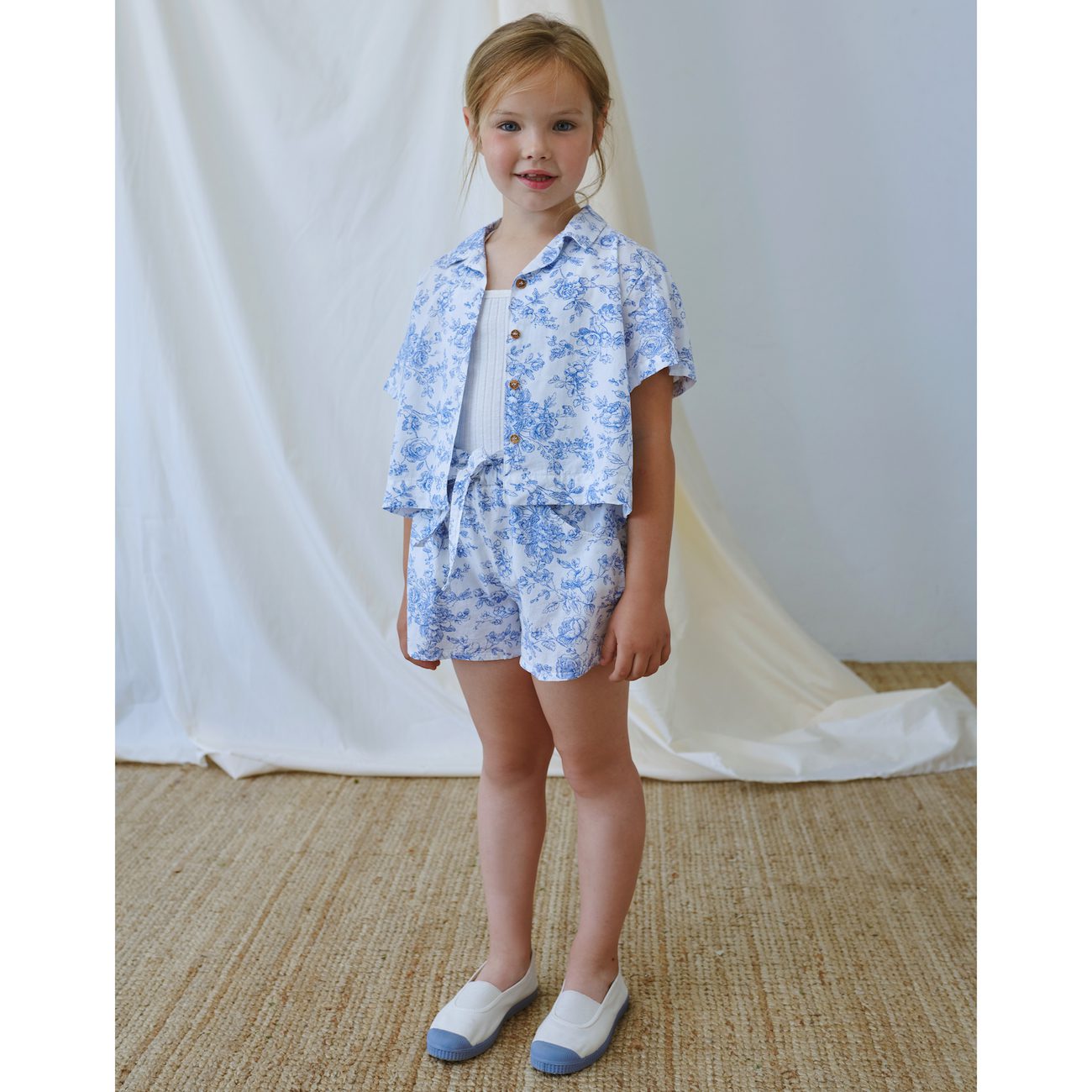 3 Piece Set | Rib Lettuce Edge Top & Floral Crop Shirt & Floral Shorts