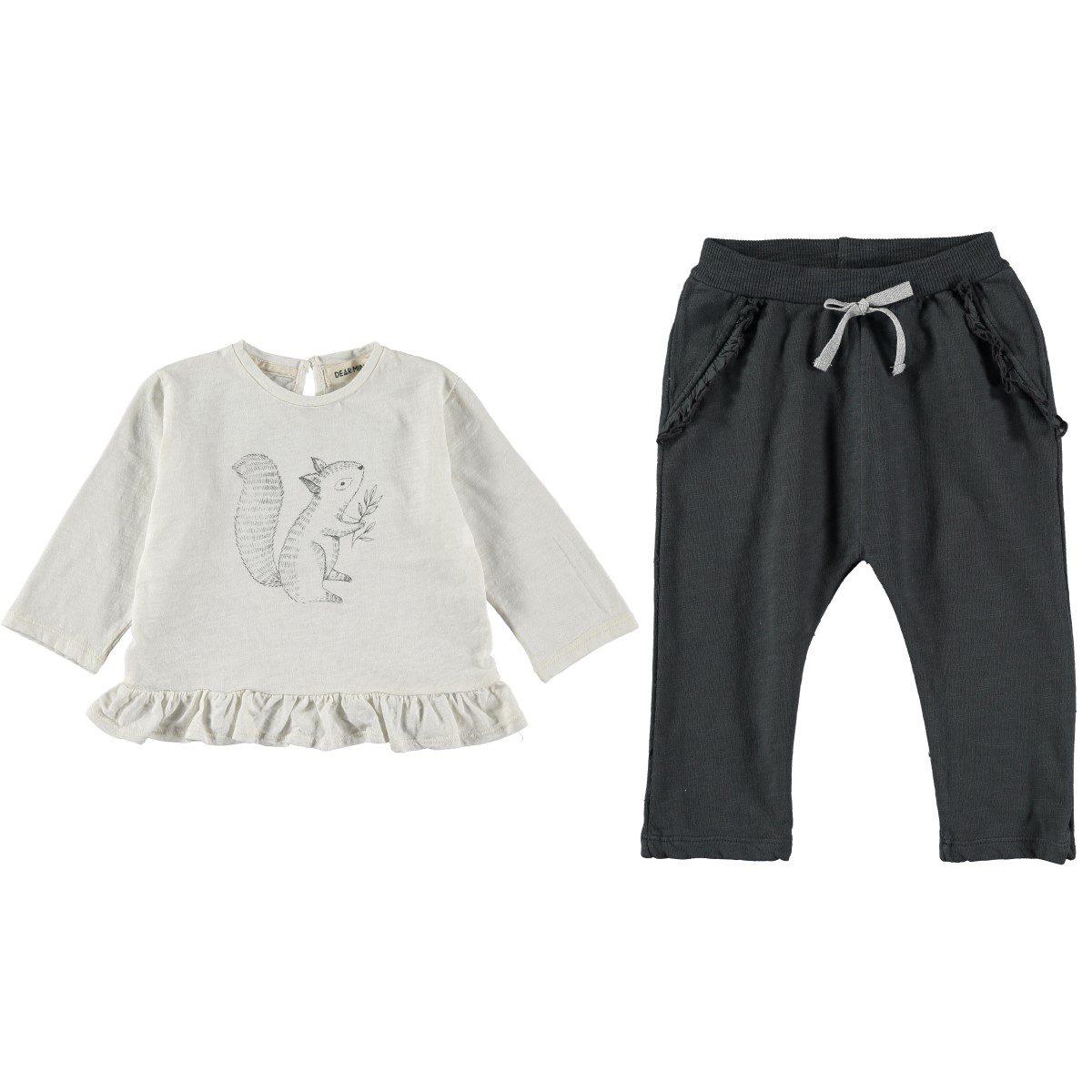 Ecru Squirrel Top & Shadow Grey Ruffled Pants