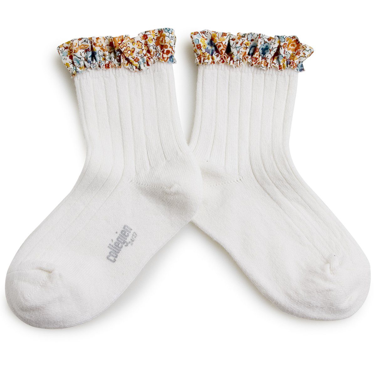 Charlotte Liberty Ruffle Ribbed Ankle Socks | Blanc Neige