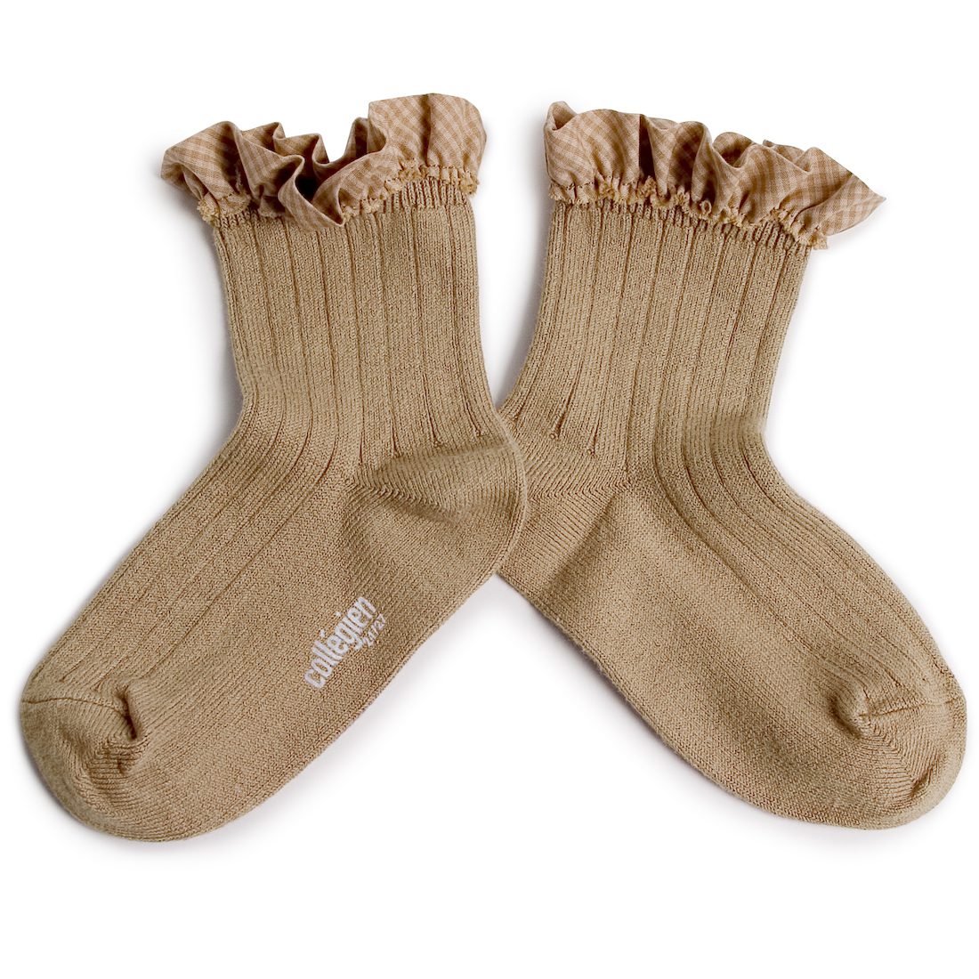 Brigitte Gingham Ruffle Ribbed Ankle Socks Petite Taupe