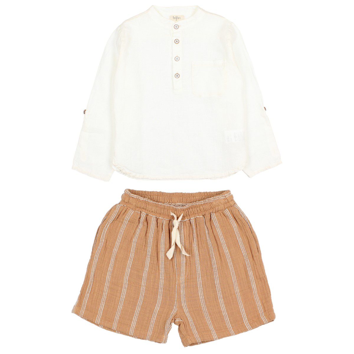 Linen Kurta Shirt & Stripes Bermuda | Ecru/Caramel