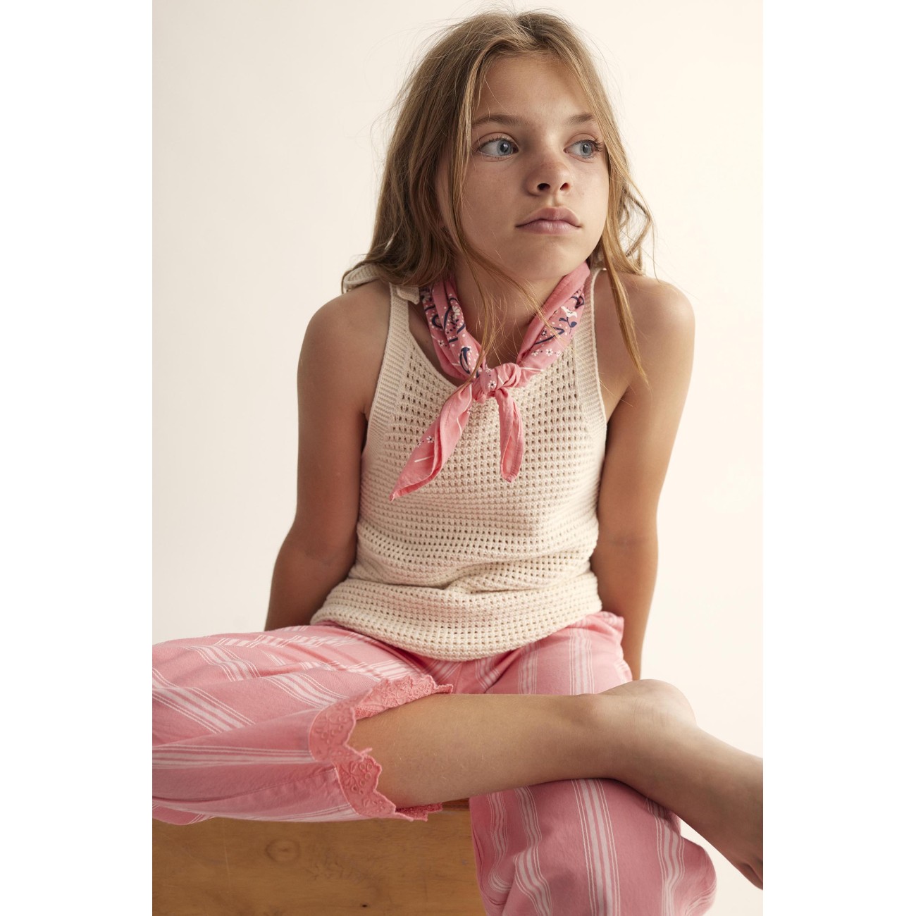 Anaisk Ivory Tricot Top & Bellak Pink Striped Ruffle Pants