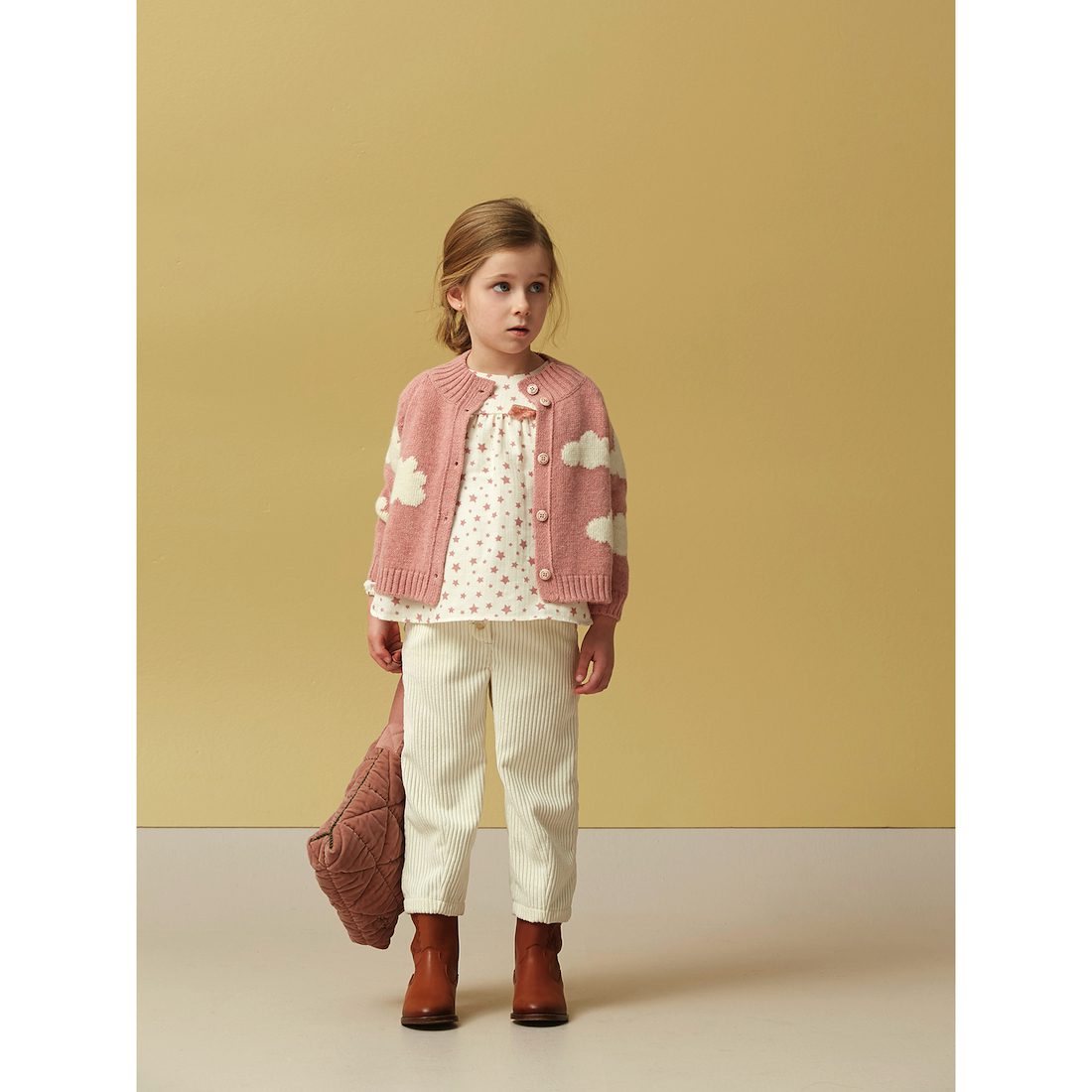 Pink Stars Blouse & Ecru Corduroy Baggy Pants