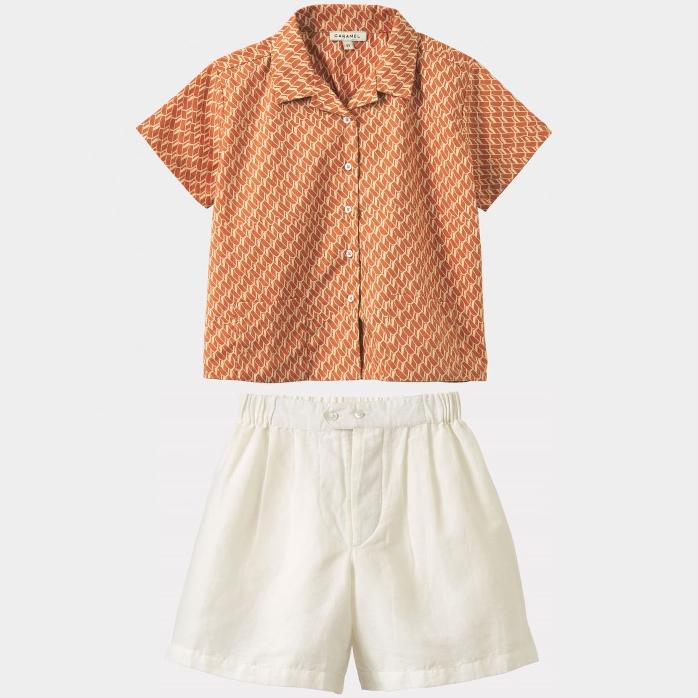 Bamboo shirt & Tarragon Shorts | Apricot Geo Print/White