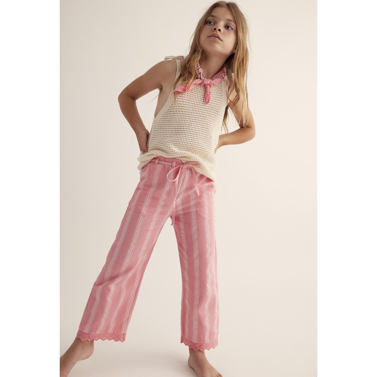 Anaisk Ivory Tricot Top & Bellak Pink Striped Ruffle Pants