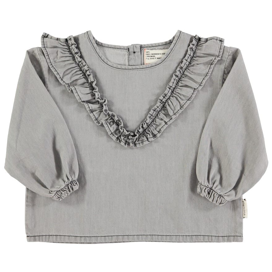 Blouse W/ V-neck Ruffles | Grey Chambray