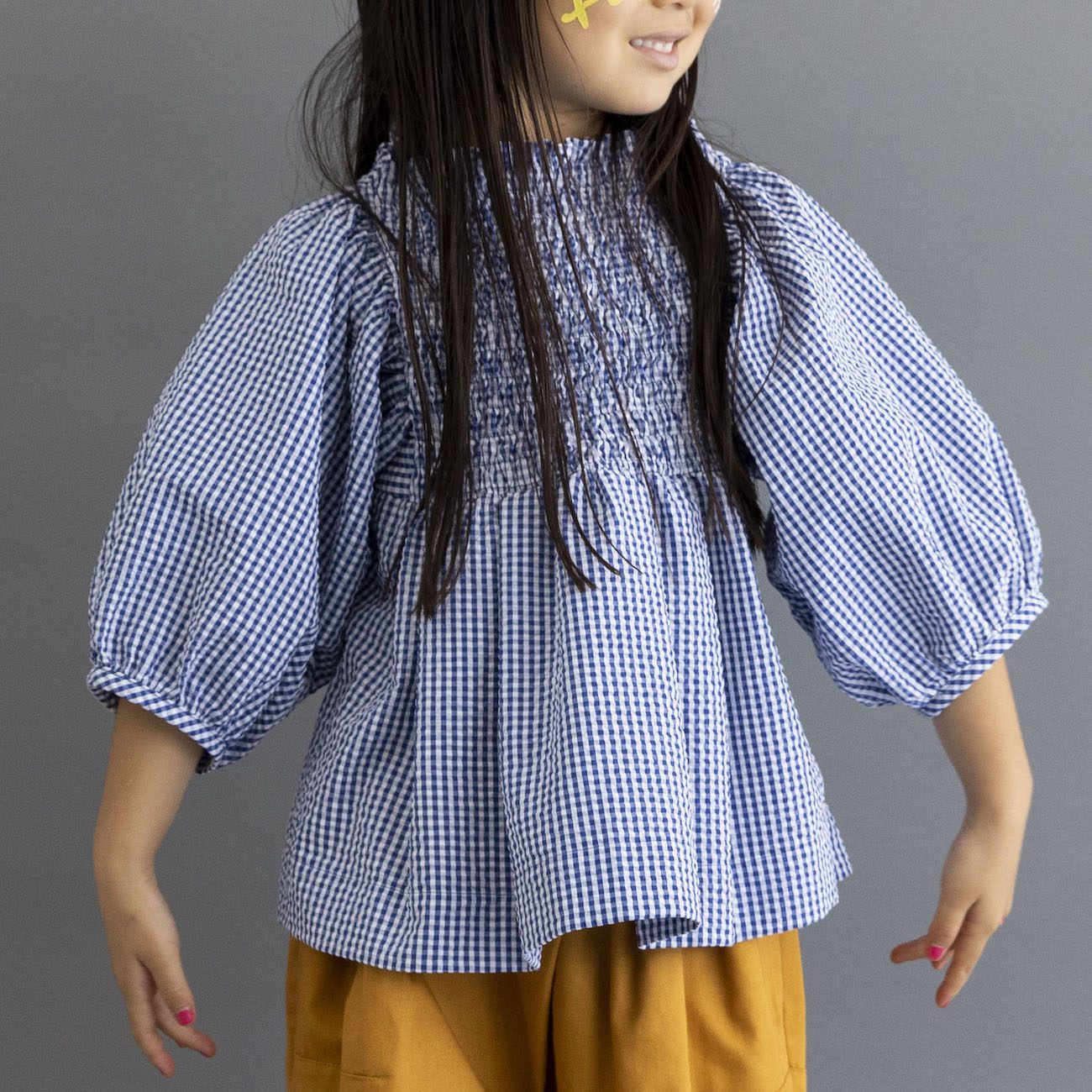 Cool Max Shirring Blouse | Blue Gingham