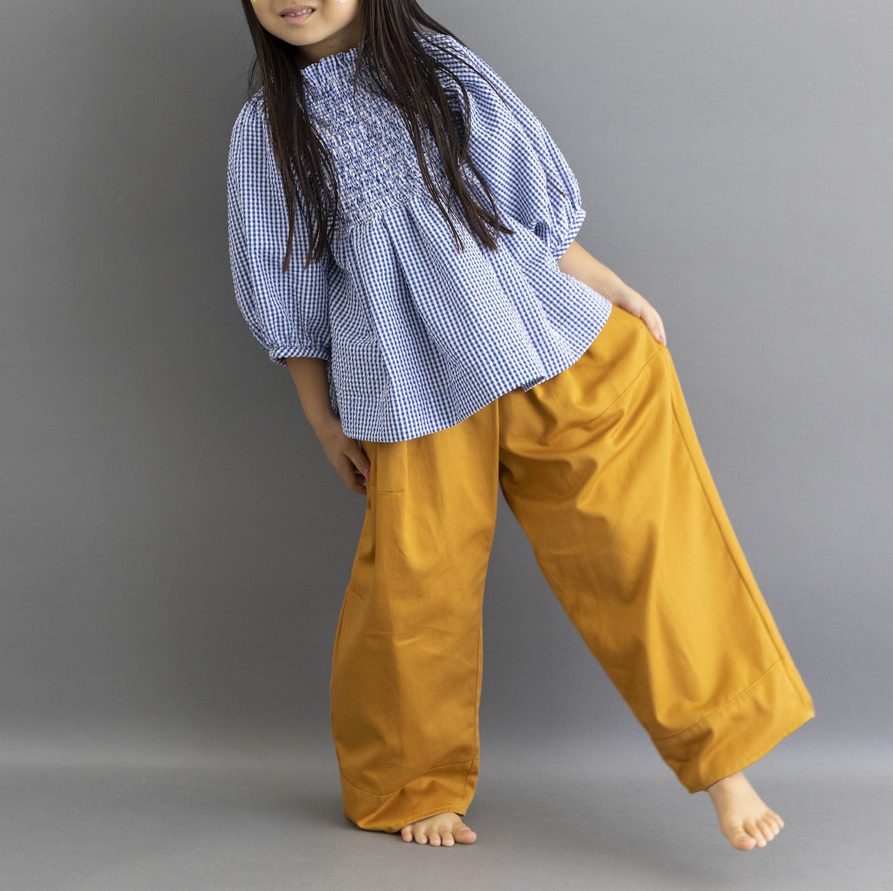 Cool Max Shirring Blouse | Blue Gingham