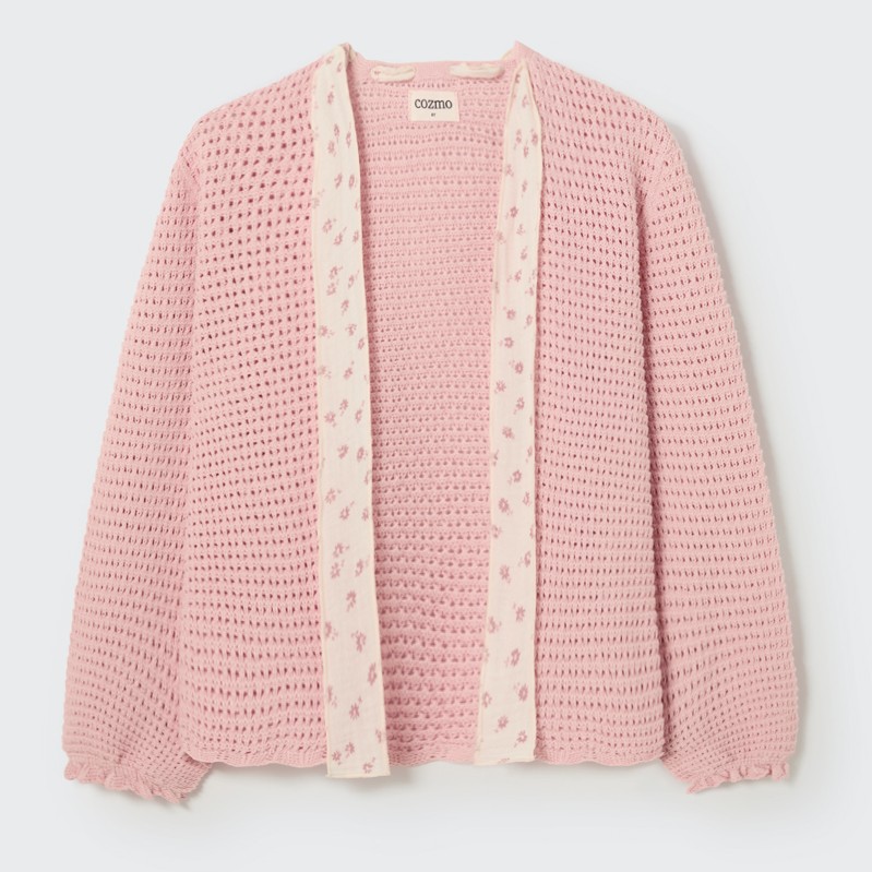 Tricot Cotton Cardigan | Pink Plain Bow