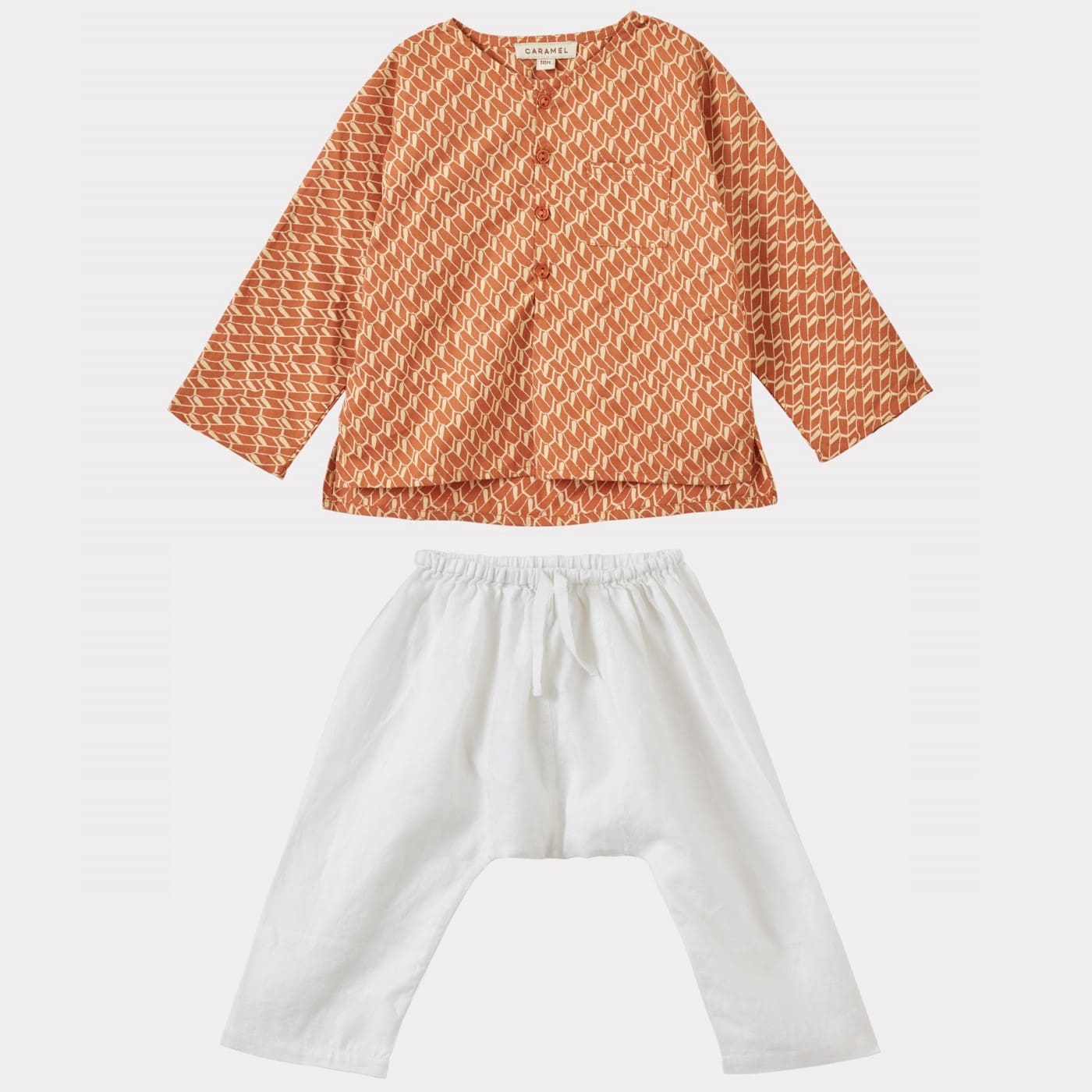 Chard Baby Shirt & Linum Baby Trousers | Apricot Geo Print/White