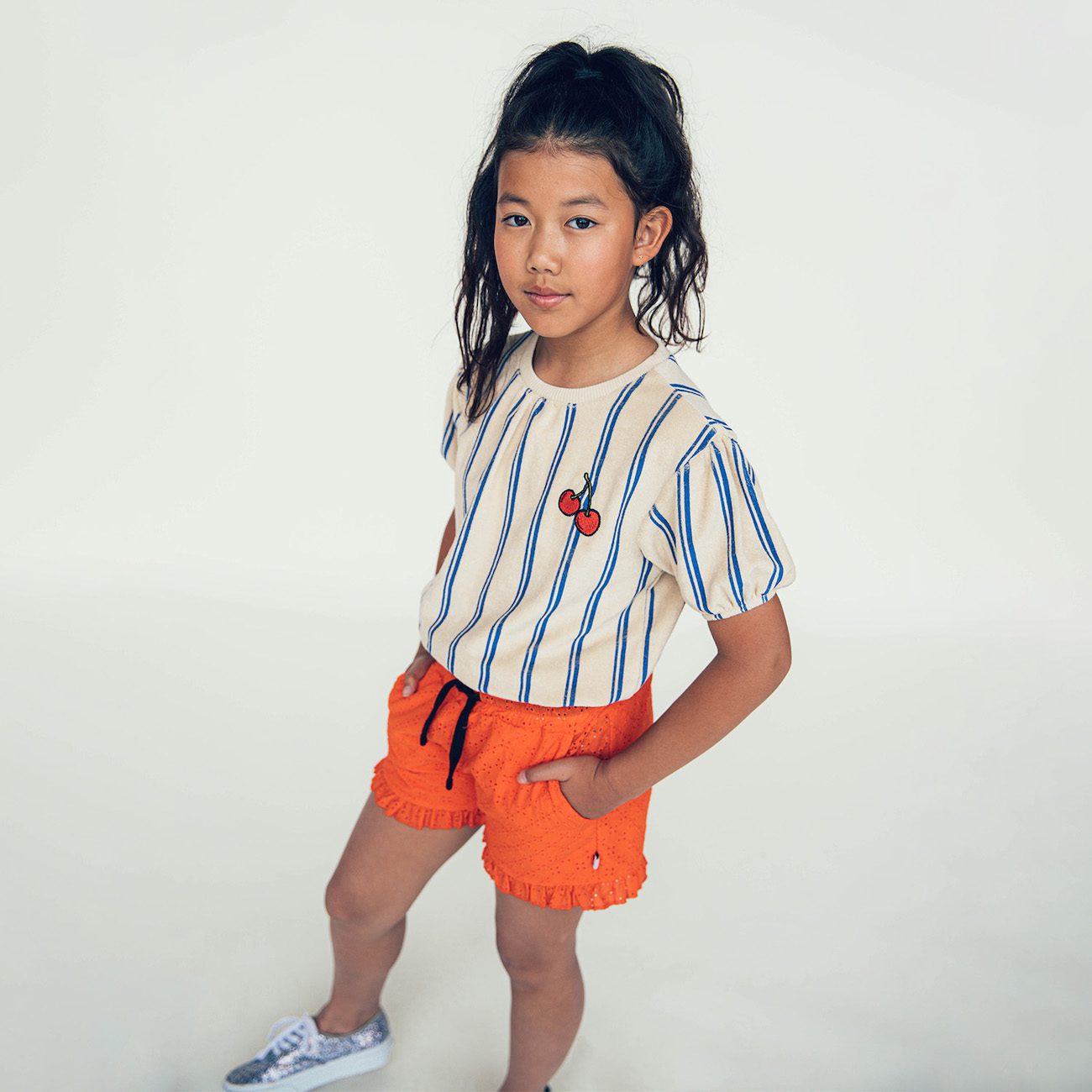 Stripes Blue Puffed Sleeves Top W/ Embroidery