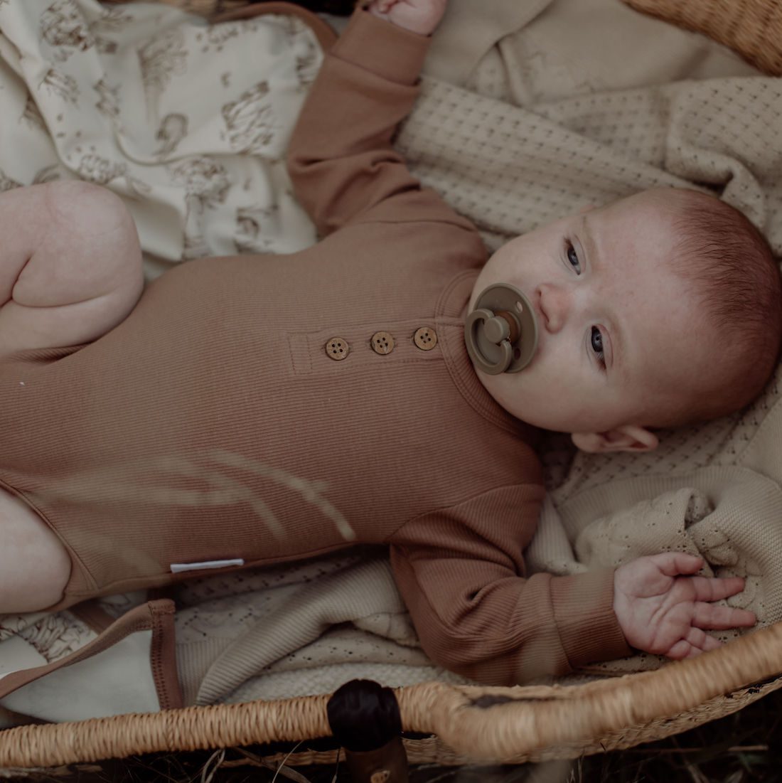 Cocoa Rib Henley Onesie & Turtle Dove Badget Overalls