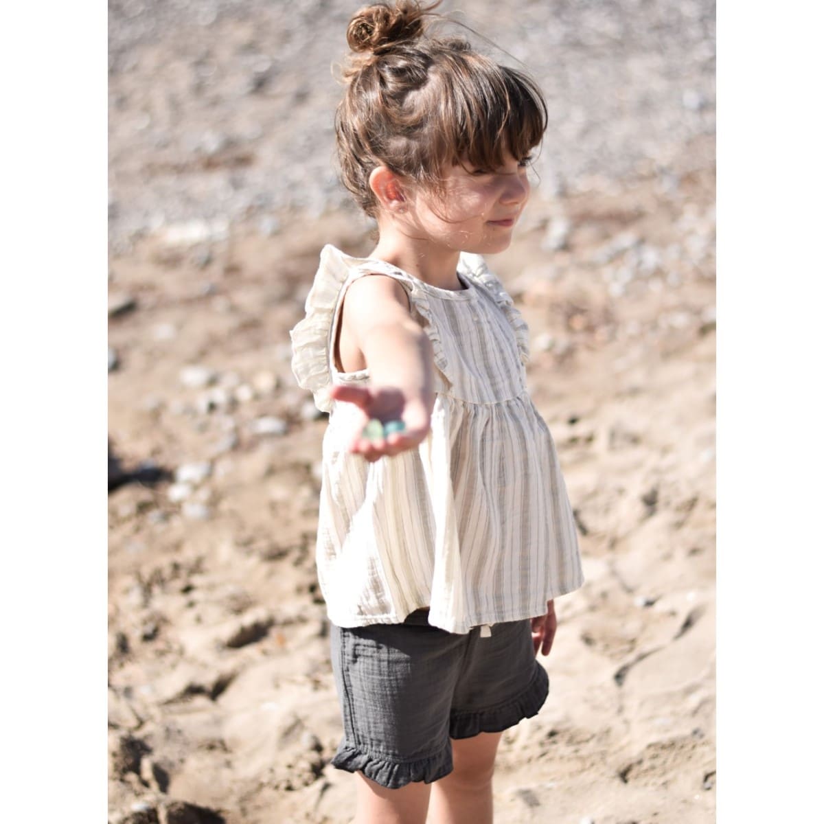 Stripes Rustic Blouse & Ruffle Shorts | Ecru/Anthracite