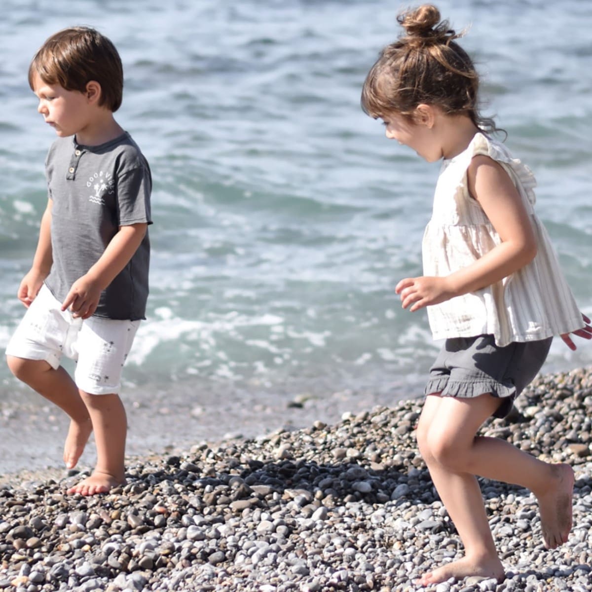 Stripes Rustic Blouse & Ruffle Shorts | Ecru/Anthracite