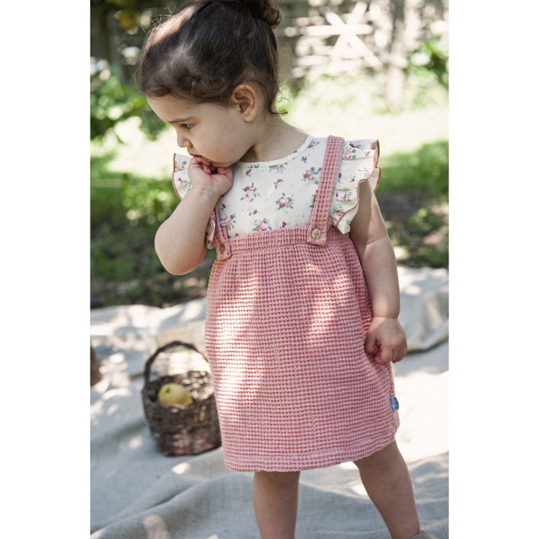 Waffle Suspender Skirt & Flowers Blouse