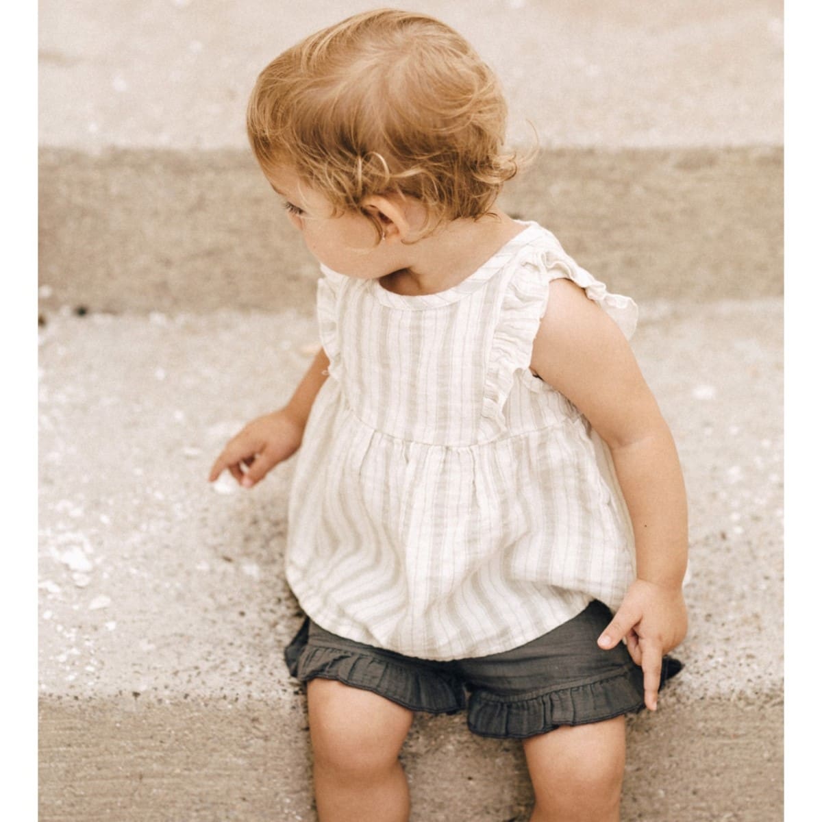 Stripes Rustic Blouse & Ruffle Shorts | Ecru/Anthracite