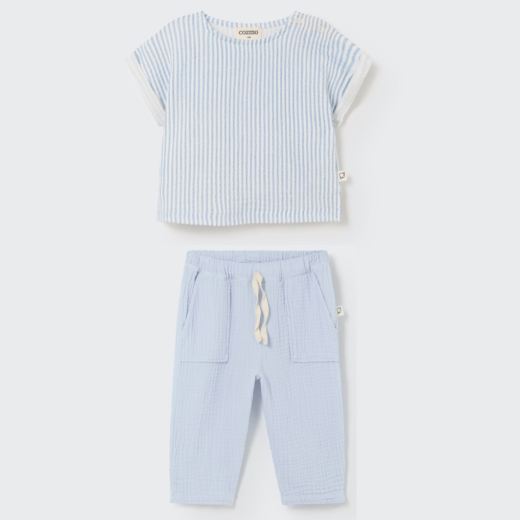 Hannes Striped Gauze Top & Mario Soft Gauze Pants  | Blue