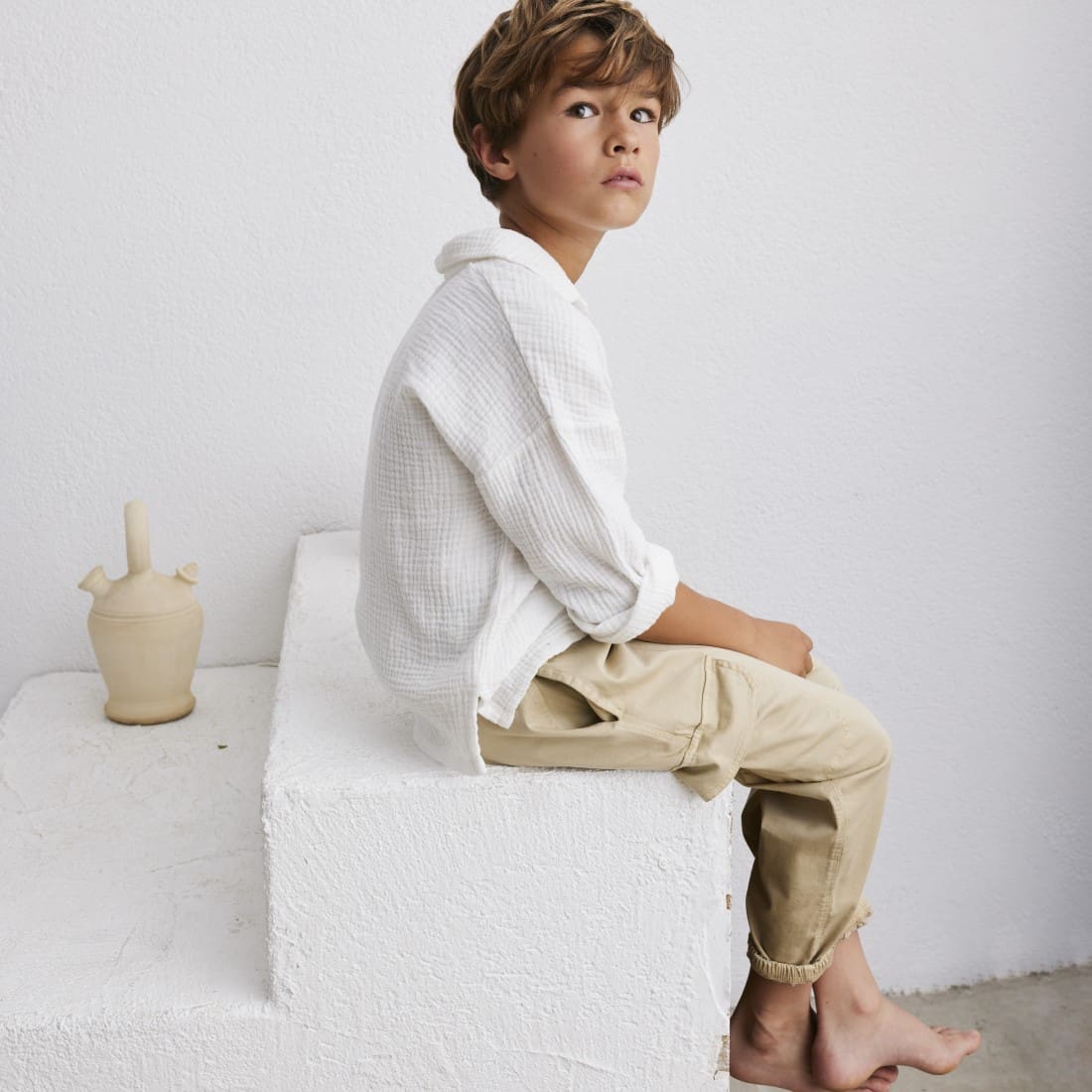 Hugo Soft Gauze Shirt & Marco Twill Pants | Ivory/Beige