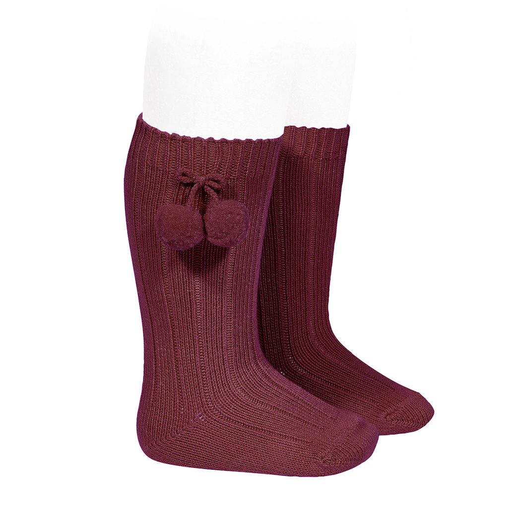 Rib Knee High Socks W/ Pompoms | Burgundy