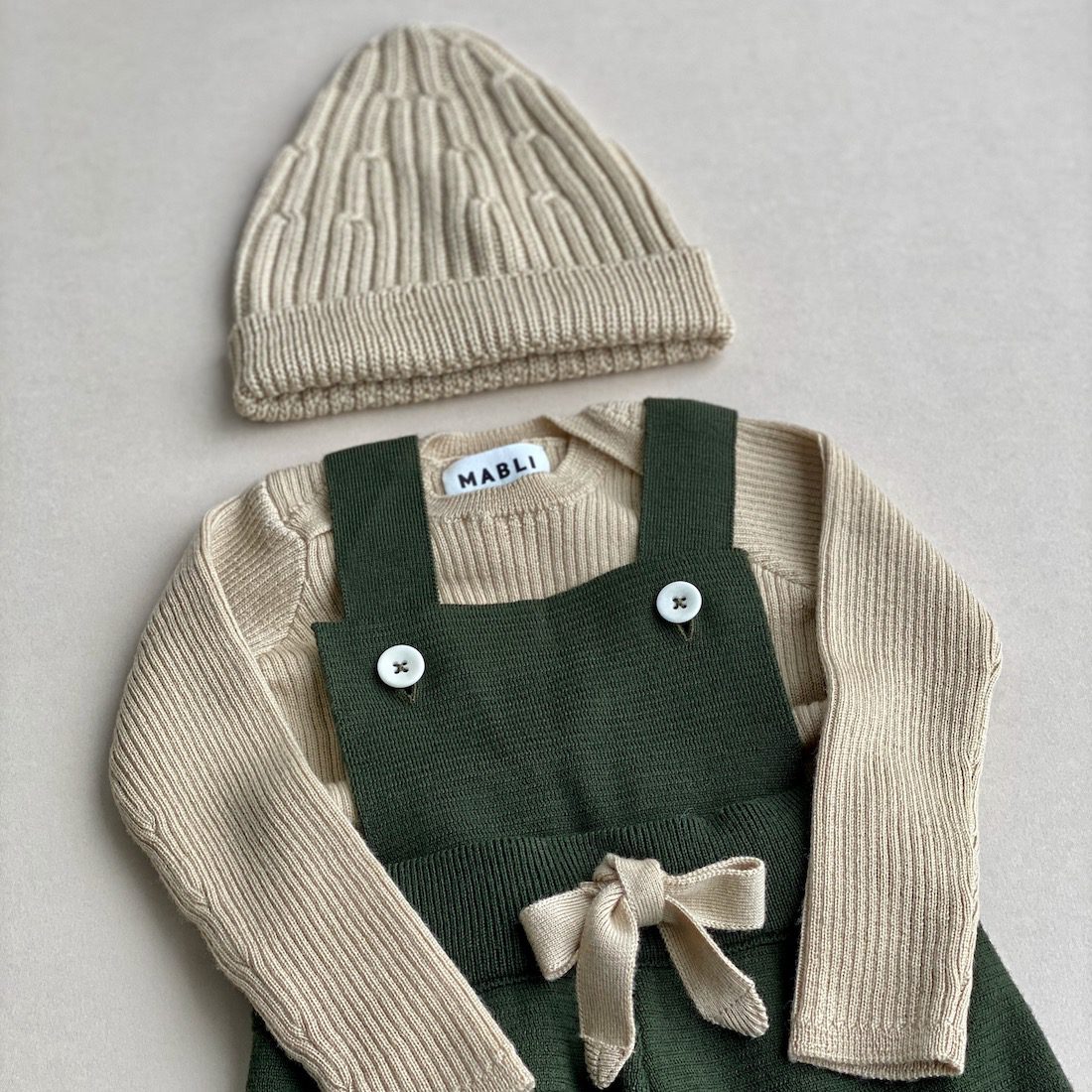 Sylfaen Skinny Rib Juniper Vintage Cream & Dyffryn Dungarees Juniper