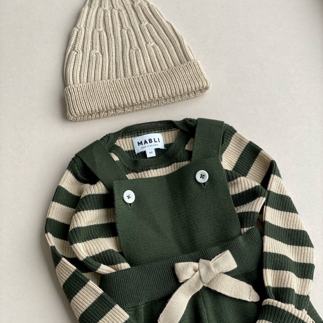 Sylfaen Skinny Rib Juniper Vintage Cream & Dyffryn Dungarees Juniper