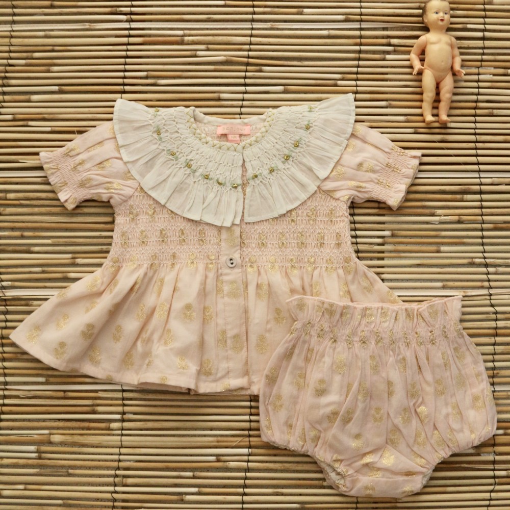 Baby Set Blouse & Bloomer Golden Flower On Nude Pink