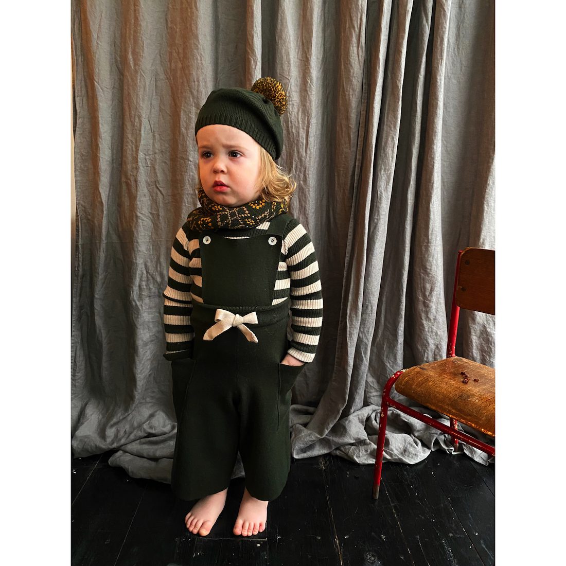 Sylfaen Skinny Rib Juniper Vintage Cream & Dyffryn Dungarees Juniper